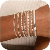 LuxusKollektion Ketten und Armband Set Armbänder Damen 7Pcs 14Karat Vergoldet Figaro Twist CZ Gold Silber