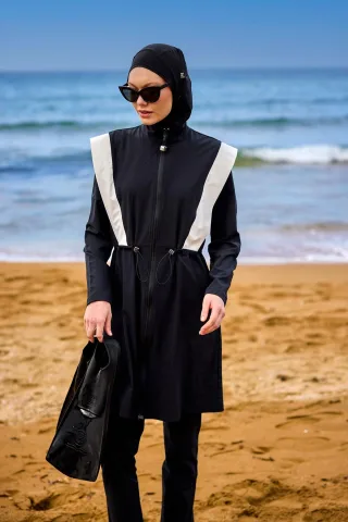 Schwarzes bescheidenes Burkini-Set mit verstellbarer Taille