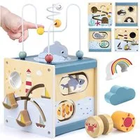 CLTYQ Motorikwürfel Motorikwürfel aus Holz 6-in-1 Montessori Spielzeug für Kinder, (39-tlg), Lernspielzeug Activity Cube mit Formensteckspiel und Motorikspiel