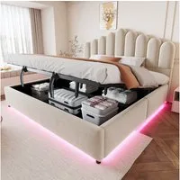 Merax Polsterbett mit LED-Beleuchtung, Stauraumbett aus Samt (1-tlg), Doppelbett 180x200cm mit hydraulischem Bettkasten,voluminösem Kopfteil