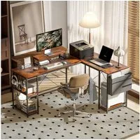 HOMCOM Schreibtisch Schreibtisch L Form mit Regal, Eckschreibtisch mit 2 Haken (Umkehrbar Computertisch mit Monitorständer, 1-St., GamingTisch), für Büro, Heimbüro, Rustikal-Braun