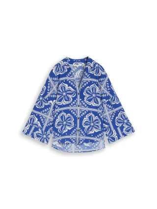 Tom Tailor - Oversize Bluse mit Leinenanteil blue flower tile design - Gr. - 34