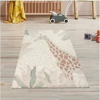 TeppichHome24 Kinderteppich Kinderzimmer Spielezimmer Teppich mit Giraffen Abbild in creme beige, rechteckig