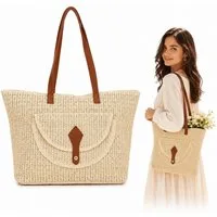 MOPUEA Strandtasche Stroh Geflochten Schultertasche für Damen Boho Strohtasche (Schultertasche, Umhängetasche, Sommer, Strand, 1-tlg., Tragegriff oben für Reisen, Strand Urlaub Sommer Alltag), Geräumige Tragetasche mit Reißverschluss