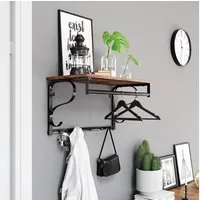 VASAGLE Wandgarderobe Wandregal, für Flur, Badezimmer und Wohnzimmer, 60 x 30 x 31,7 cm, mit 5 Haken und Ablage, mit Hängestange, vintagebraun-schwarz