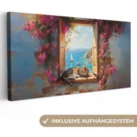 OneMillionCanvasses® Leinwandbild Panorama Katze - Blaues Meer - Rosa Blumen, Fotodruck (1 St), Wandbild, Deko Schlafzimmer Wohnzimmer Flur 40x20 cm