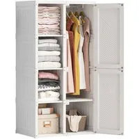 FUROKOY Kleiderschrank Drehtürenschrank Faltbarer Kleiderschrank Garderoben Hochschrank (Wäscheschrank Mehrzweckschrank mit Kleiderstange,Versteckter Türgriff) 8 Fächer, 2 Türen und 1 Kleiderstange (136x69x50cm),Weiß
