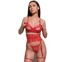 Elegant Love Set: Corsage Sexy Spitzen-Dessous-Set für Damen - Lingerie mit Strapsen (Set, 3-tlg., Bügel-BH + Korsagen-/Bustier-Optik mit Strumpfhaltern + String) Sinnliches Unterwäsche-Set für besondere Anlässe – Reizwäsche