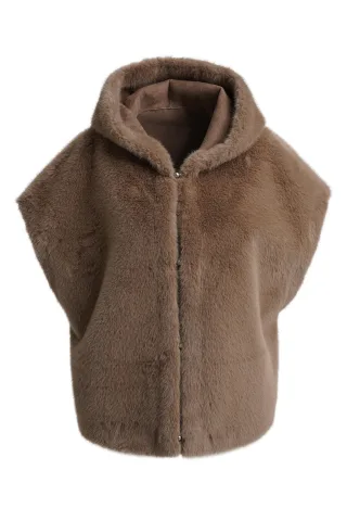 Milano Italy - cozy sleevless hooded vest with clean front closure taupe - Gr. - 36