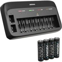ABSINA X10 Akkuladegerät für AA, AAA & 9V - Batterieladegerät inkl. 4x Akkus Rundzellen-Lader (1-tlg)
