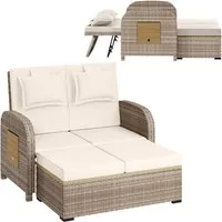 STEELSØN Gartenlounge-Set Caelum Gartensofa mit Liegefunktion, (beige, mit Kissen, wetterfest), Rattan Sonnenliege, herausziehbare Bank, ausklappbare Seiten-Tabletts