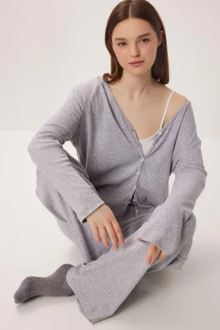 V-Ausschnitt Knopf-Longcardigan und Hose Schlafanzug Set