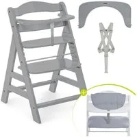 Hauck Hochstuhl Alpha Plus Grey, Mitwachsender Holz Kinderhochstuhl verstellbar mit Sitzauflage & Gurt