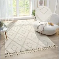OTTO home Teppich Otilie, rechteckig, Höhe: 11 mm, dichte Qualität, Woll-Look, Boho, mit Fransen und Rauten, Scandi
