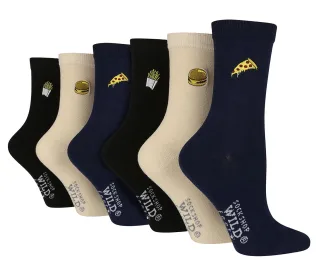 6 Pack Damen Schwarz Neuheit Socken | Wildfeet | Cute bestickte Socken in Baumwolle - Fast Food