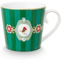 PiP Studio Becher Love Birds Medaillon Henkelbecher Stripes grün 0,25l, Bone China, Mug Large Love Birds Medaillon Stripes Emerald-Green 250ml