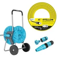 Cellfast Schlauchwagen 1/2" 60 m + 4YELLOW Gartenschlauch 1/2" 50 m + Basic Sprühkopf 1/2", All Season, Anti Algae, Flexi, ReaCh Compliant, UV Resistant