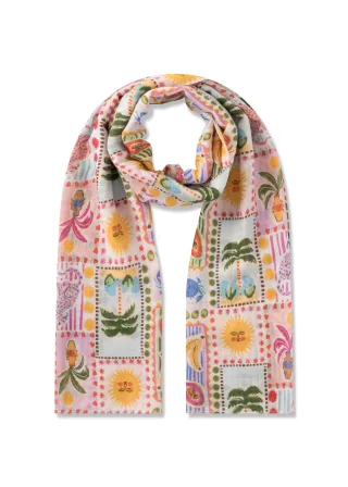 Schal aus feiner Modal-Baumwollmischung mit Sonne-Palmen-Mix pink