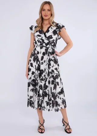 Midikleid mit Spitzenbesatz und Wickelfalten