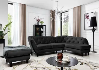 OUTLET Ecksofa inkl.Hocker CHARLOTTE in Stoff Matt Velvet Schwarz Ottomane Re...