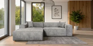 Ecksofa Designersofa CARLOTA in Stoff Perfect Harmony Grau Ottomane Links