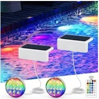 QUBEBU Pool-Lampe Solar LED Poollicht, RGB Poolbeleuchtung Unterwasser Licht, Timer, Dimmable LED Solarleuchte für Pool, Teichbeleuchtung mit Fernbedienung, IP68 Solarlampen Außen Pool Lichter Teich Aquarium Badewanne, Wasserdicht Pool Lichter Unterw