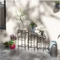 Outsunny Blumenständer 3-tlg. Pflanzenständer mit Rattanoptik, stapelbar (Blumenhocker, 3 St., Pflanzenhocker), für Garten Balkon Metall Gold