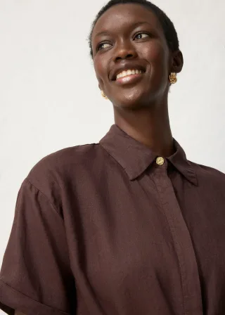 bonprix Longbluse aus reinem Leinen, braun, Gr.50, elegante, sommerliche Leinen Longbluse mit Bindeband, aus Leinen