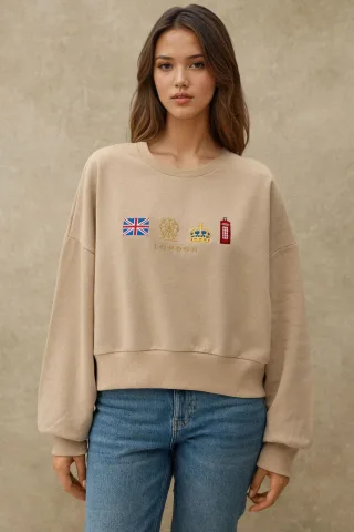 Bestickter Rundhals-Sweatshirt aus Baumwolle mit Fleece-Innenfutter