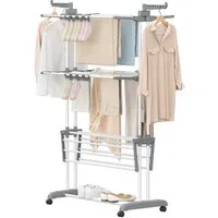 SONGMICS Wäscheständer Turm Standtrockner 4 Ebenen, Flügelwäscheständer, einfacher Aufbau, klappbar, rollbar, Sockenhalter, 63,5 x 128 x 173 cm