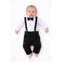 Lorey Medtec Anzug 4-teilig Baby Jungen Anzug, Body, Hose, Hosenträger, Fliege, 100% Baumwolle (Langarmbody + Hose + Hosenträger + Fliege) Tüll