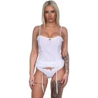 EloModa Negligé Damen Corsagen Top Set mit String & Strapsen – Verführerische Spitze (2-tlg)