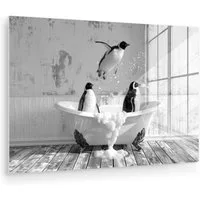 MuchoWow Acrylglasbild Pinguine - Vintage - Tiere - Schwarz - Weiß, Inkl. Aufhängung, Acrylglasbilder Badezimmer, Toilette Bilder auf Glas, 30x20 cm