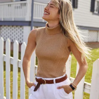 Ärmelloser Rollkragenpullover, Damen,  Braun, Baumwolle/Baumwoll-Mischung/Nylon-Mischung, by Lands' End