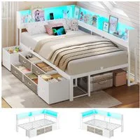 MSMASK Daybett Schlafsofa mit LED-Beleuchtung & Ladestation, Jugendbett Kinderbett, mit Integriertem Bücherregal & 6 Schubladen, 90x200cm