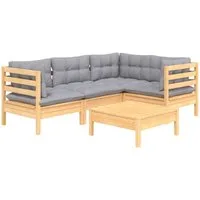 vidaXL Gartenlounge-Set 5-tlg. Garten-Lounge-Set mit Grauen Kissen Kiefernholz, (5-tlg)
