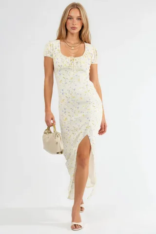 Blumenkleid Midi mit U-Ausschnitt und Bindegürtel