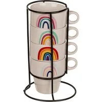 Out of the Blue Tasse 4 Tassen im Metallständer - Stapelbares 5-teiliges Set Regenbogen, 5-tlg., New Bone China, Metall, Spülmaschinenfest, Mikrowellengeeignet, Stapelbar