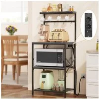 BBWL Standregal Mikrowellenregal aus Holz & Metall mit 2 Steckdosen, Anti-Kipp-Schutz, höhenverstellbaren Füßen, Haken und Sicherheits-Schalter, 53x36x125,5 cm