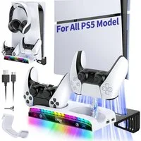 Tenlamp Wandhalterung für alle PS5-Modelle Pro/Slim/Original mit Ladestation Controller (Set, 1 St., Controller-Ladegerät mit RGB-Licht, Headset-Halter & USB-Hub)