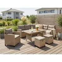KONIFERA Gartenlounge-Set Keros Premium, (Set, 20-tlg., 2x 2er Sofa, 1x Ecke, 1x Sessel, 2x Hocker, 1x Tisch 145x75x67,5cm), Ecklounge, Polyrattan, Stahl, geeignet für 8 Personen, inkl. Auflagen