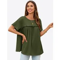 Imily Bela T-Shirt Damen mit Rüschen Rundhals Lässig Oberteil Alltag Freizeit (Packung, 1-tlg., 1per-Pack) mit Rundhalsausschnitt in Unifarbe