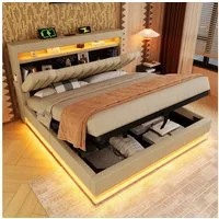 MODFU Polsterbett mit Stauraum LED Beleuchtung Ladefunktion (Struraumbett, Funktionsbett, 180x200 cm, mit Matratze (Dicke20cm), Beige), mit USB- und Typ-C-Anschlüssen, LED-Beleuchtung