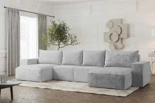 Wohnlandschaft U-Form Sofa ESTELLE mit Schlaffunktion in Stoff Abriamo Hellgrau