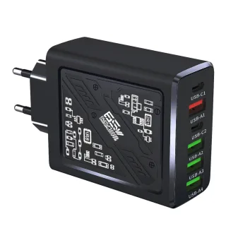 LYK-880 65W 6-Port USB PD Charger 4USB-A+2USB-C PD Fast Charging Wall Charger Adapter EU Plug for iPhone 16 16 Pro 15 14
