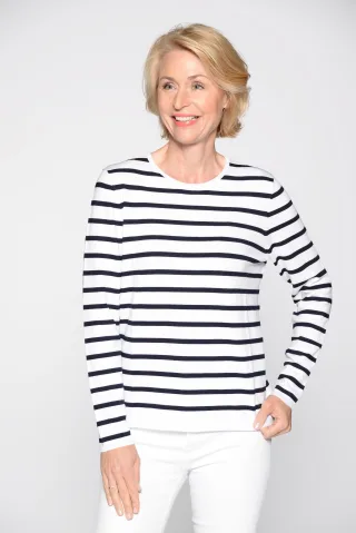 CLARINA - Rdh.-Pullover, 1/1 Arm, Ringel 102 offwhite-marine - Gr. - 48