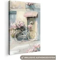 OneMillionCanvasses® Leinwandbild Fahrrad - Pastellfarben - Blumen, Fotodruck (1 St), Leinwand Canvas Wandbild, Wanddekoration 20x30 cm