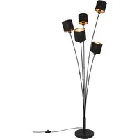 Reality Leuchten Stehlampe Tommy, Stehleuchte 5-flammig, E14 max 40W mit Fussschalter, Ein-/Ausschalter, Leuchtmittel wechselbar, warmweiß - kaltweiß, Stehlampe Wohnzimmer mit Stoffschirmen in modernem schwarz-gold