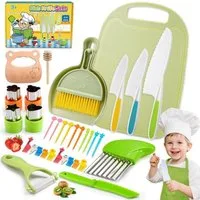 JoltJive Kinderkochmesser Kinderküchen Messer Set 44-teilig Montessori Lernset Zubehör grün, Fördert Motorik Kreativität Selbstständigkeit im Montessori Lernspiel