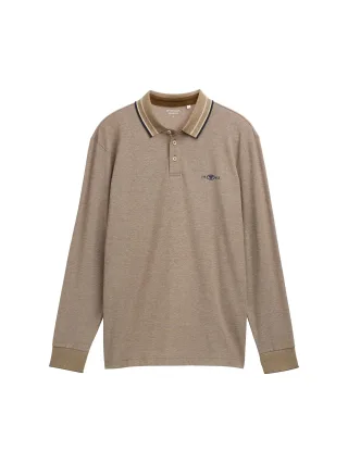 Tom Tailor - Langarm Piqué Poloshirt mit Logo-Print brown cashew beige two tone - Gr. - XL